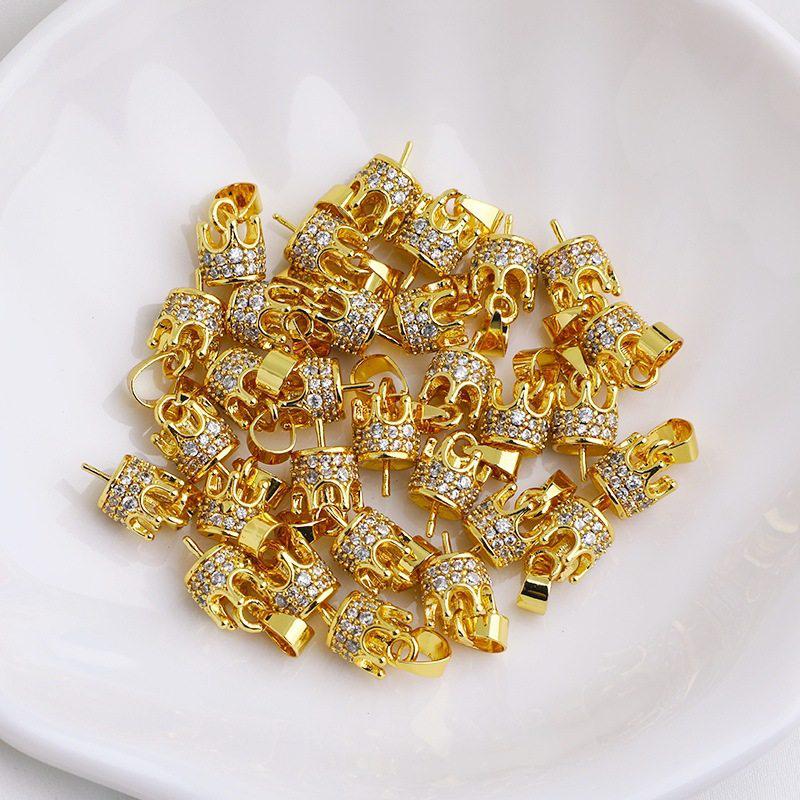 18K Gold Plated Zircon Crown Pendant Pin for Half-Hole Pearl Settings