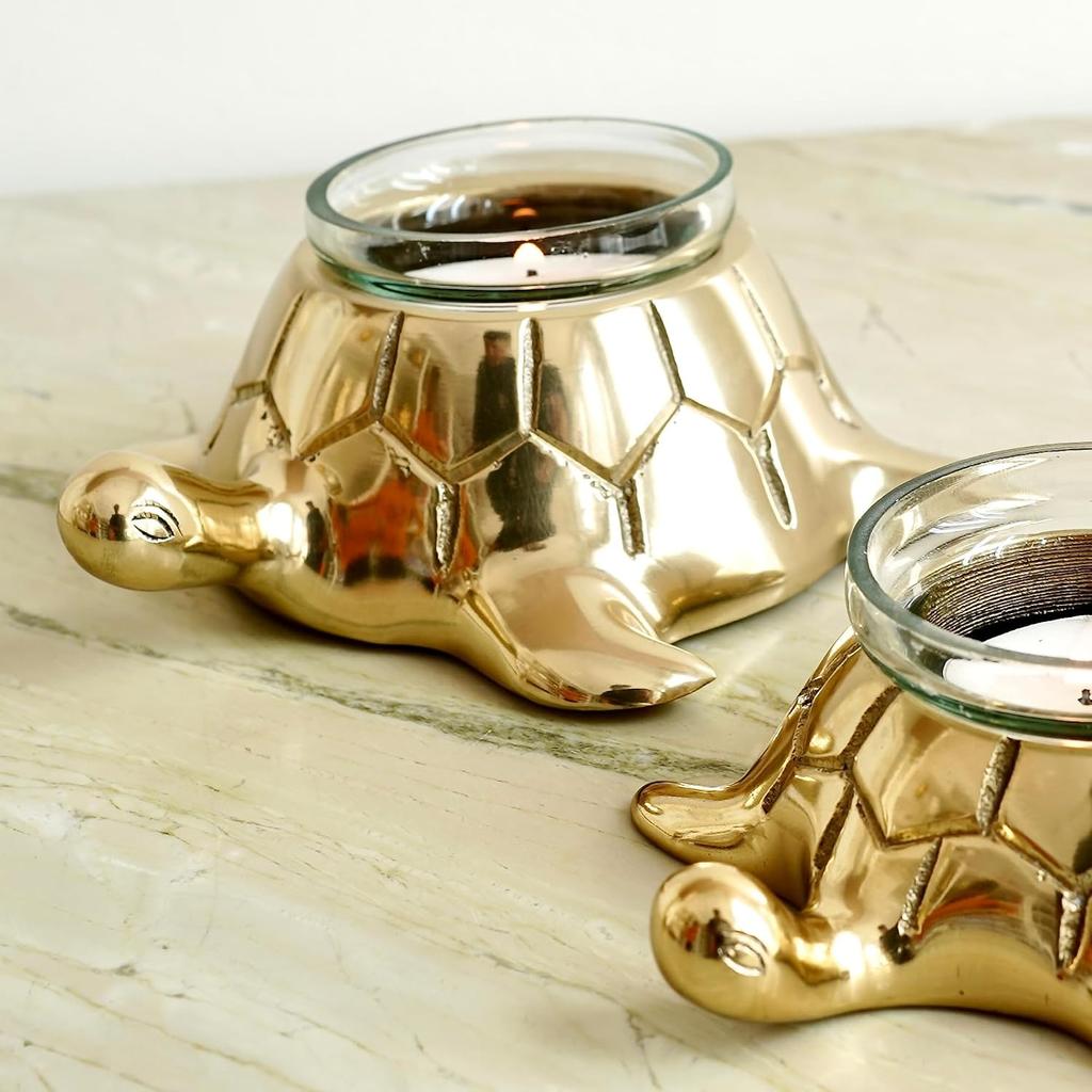 Golden Turtle Votive Holder Set Of Mother & Child, Decor Elegant Home, Golden