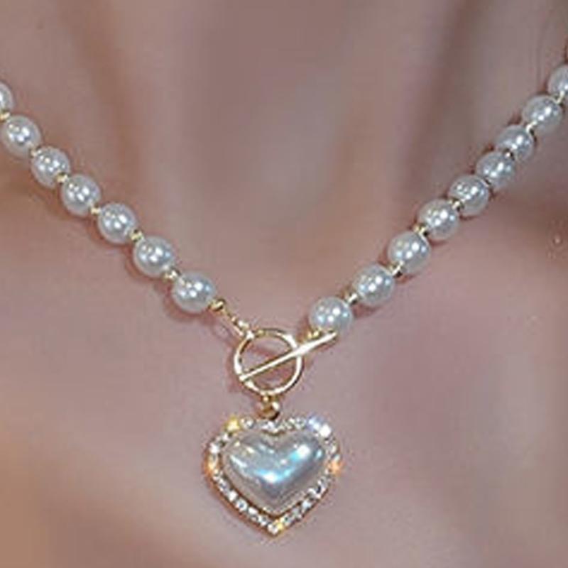 Romantics Heart Shaped Artificial Pearls Necklace Clavicle Chain Adjustable Length Neckchain for Women Girls