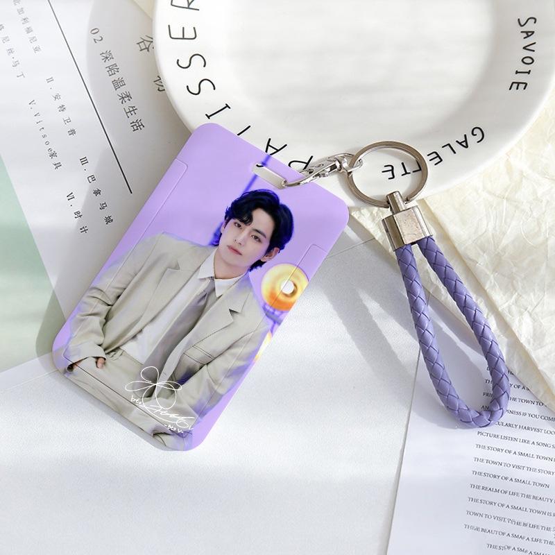BTS Sliding Photocard Holder, Protective ID Badge Card Case with Braided Keychain Strap, Student Campus Bus Meal Card Protector Merch for ARMY