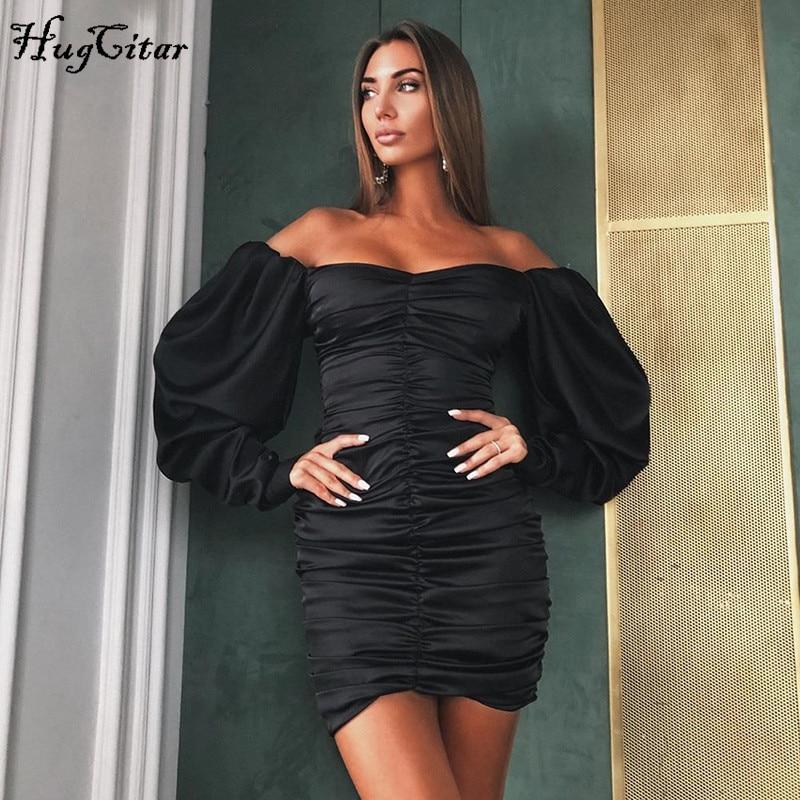 Langes Puffärmel Schräghals Satin Plissee Sexy Mini Kleid Herbst Winter Damen Einfarbig Party Elegant Streetwear Outfit