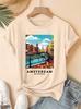 Amsterdam Landscape Printed Pattern Round Neck Tshirt Fresh Top Summer Elegant Party Fashion Versatile Commuter Womens Wear
