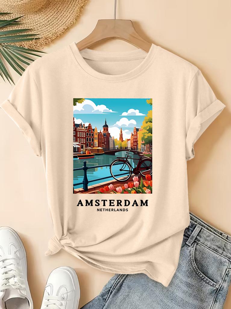 Amsterdam Landscape Printed Pattern Round Neck Tshirt Fresh Top Summer Elegant Party Fashion Versatile Commuter Womens Wear