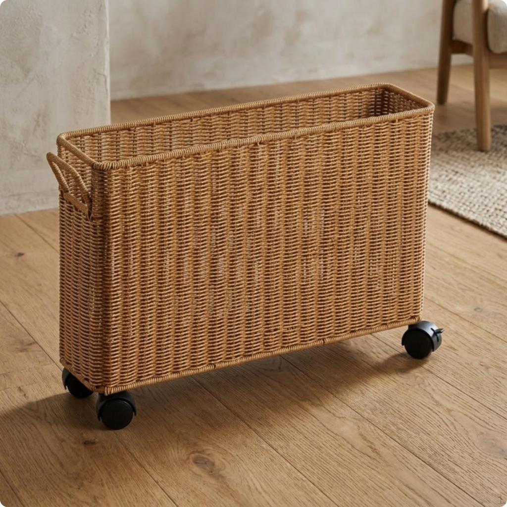 Rolling Wicker Storage Basket Imitation Rattan Wheeled Open Top for Areas