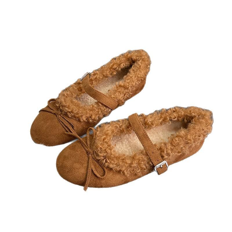 Plush ballet Mary Jane shoes women's one-word buckle plush flat bottom shallow mouth warm elegant retro bow beanie shoes