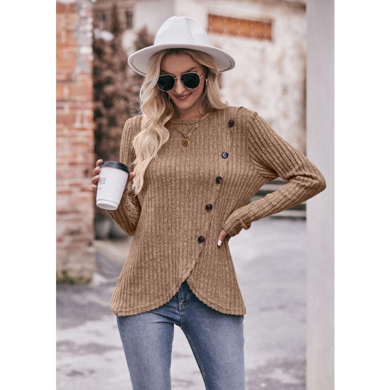 YYFS Damenmode, lässig, Frühling, Herbst, einfarbig, bedruckt, langärmelig, O-Ausschnitt, Blusen und Hemden