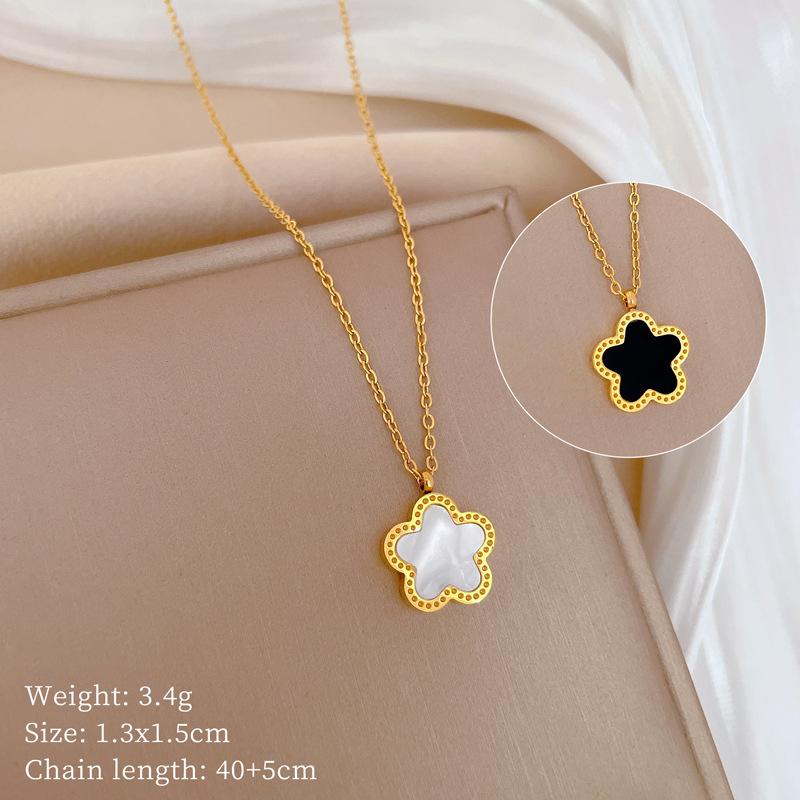 

All Stainless Steel Necklace 2 Sides Black White Shell Flower Pendant Necklaces for Women Girls Simple Jewelry Accessories Gifts