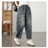 DIMANAF 2026 Summer New Plus Size Women Jeans Elastic Waist Print Long Pants Loose Casual Denim Cotton Trousers Pants