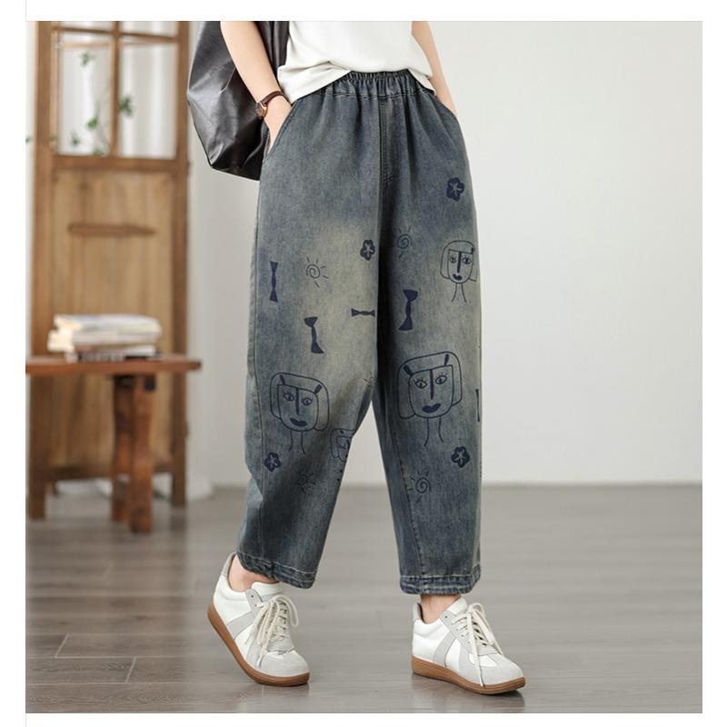 DIMANAF 2026 Summer New Plus Size Women Jeans Elastic Waist Print Long Pants Loose Casual Denim Cotton Trousers Pants