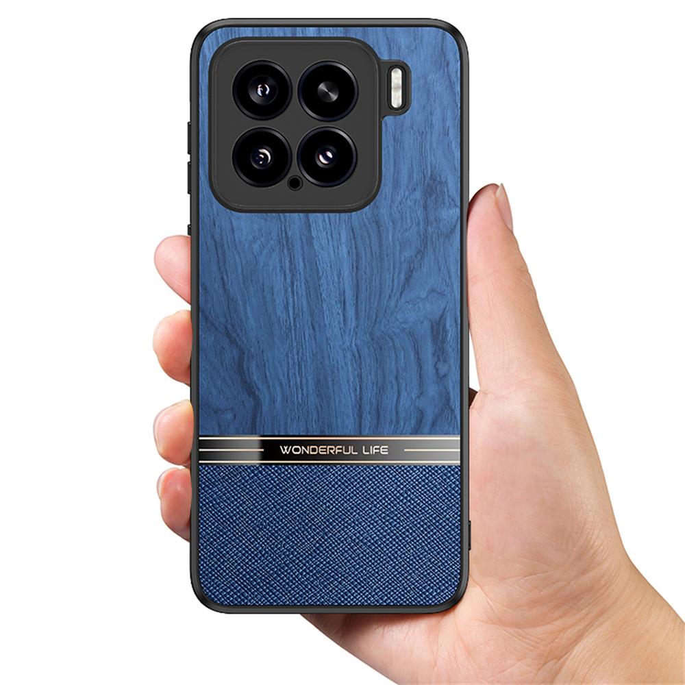 

For Xiaomi 15 Case Wood Texture Leather Coated TPU Phone Protective Cover Blue