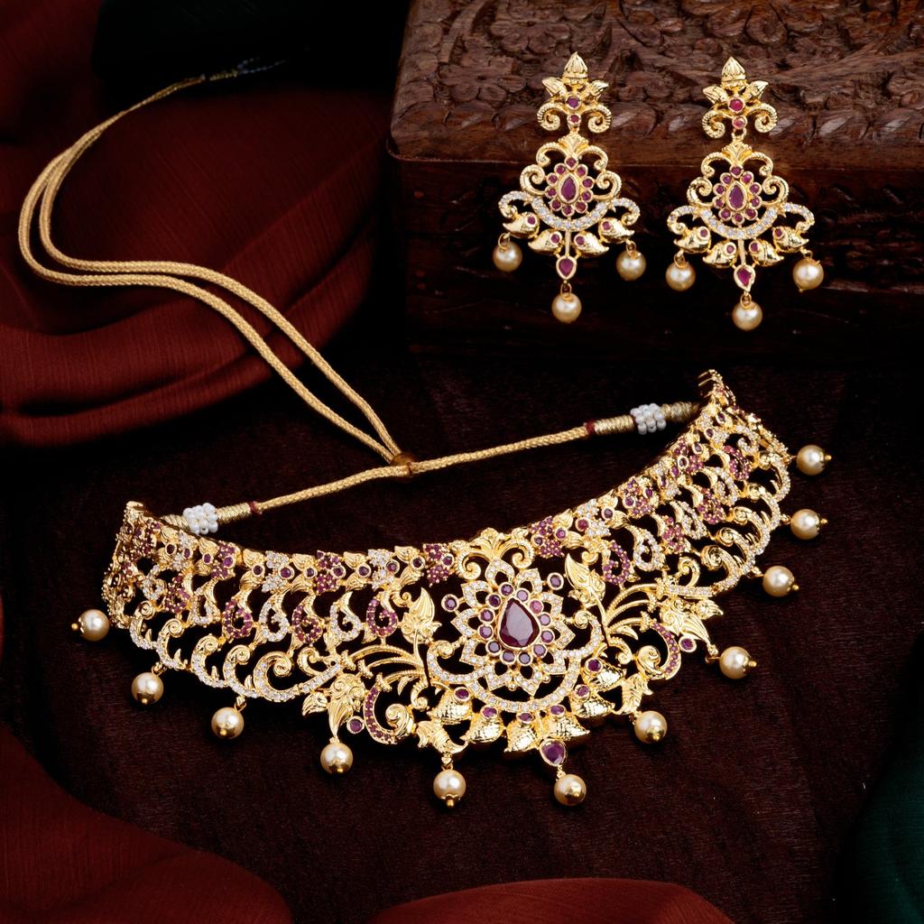Gorgeous Estele Wedding Necklace with Zircons and Colored Stones and Pearls for Women