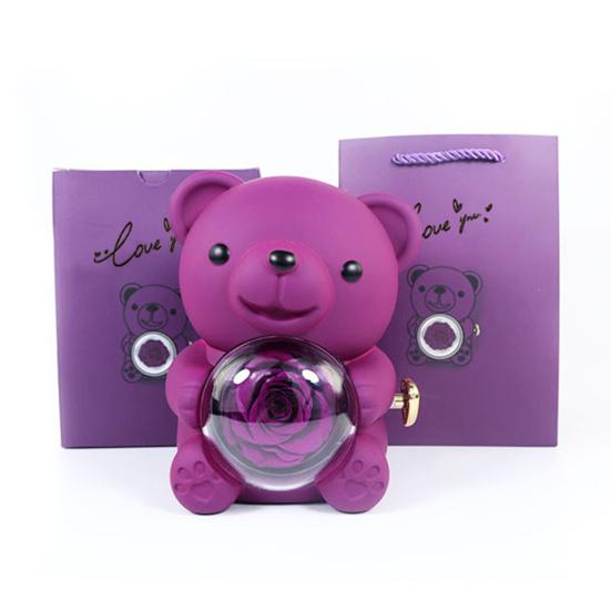 Konservierte Rose Hug Bear Geschenkbox mit Handtasche Ewige Blume Rotierender Bär