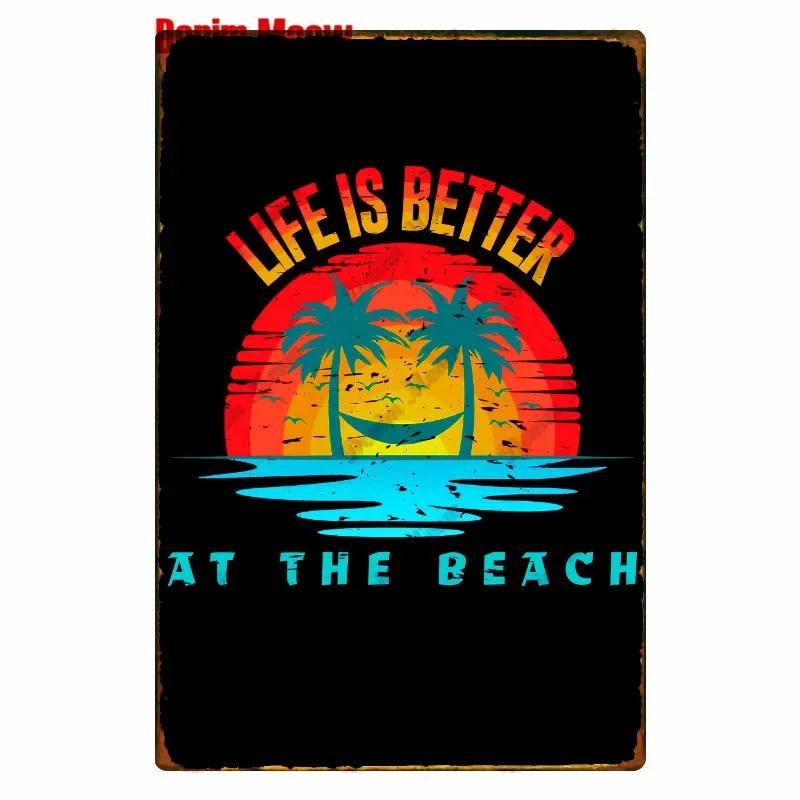 Beach Metal Tin Sign, Vintage Summer Beach Plates, Relax Wall Sign, Pool Tiki Bar Pub Seaside Ocean, Happy Place, Decor WY161