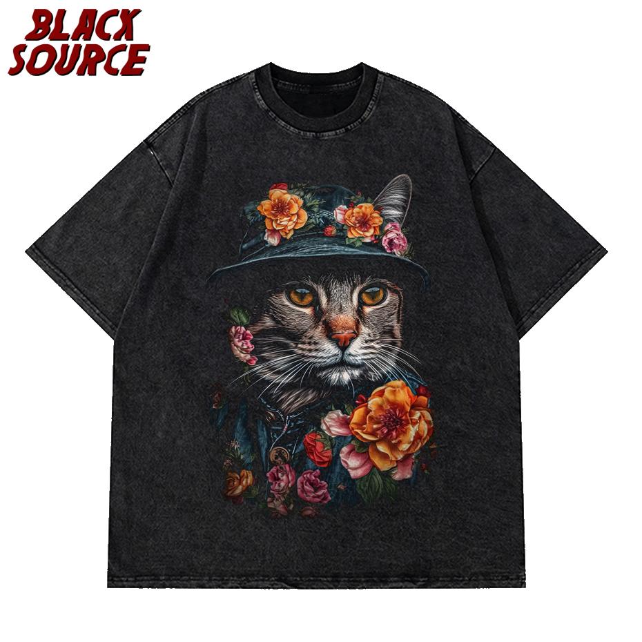 Hip Hop Streetwear Vintage T Shirt Cat Cartoon Monster Graphic Oversized TShirt Men Fashion Cotton Tops Tees Washed Black