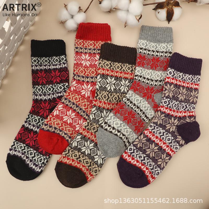 5 Pairs of Wool Socks, Double Thick Needle Socks, Cross Flower Women's Socks, Mid Tube Socks, Woolen Socks, Warm and Thick