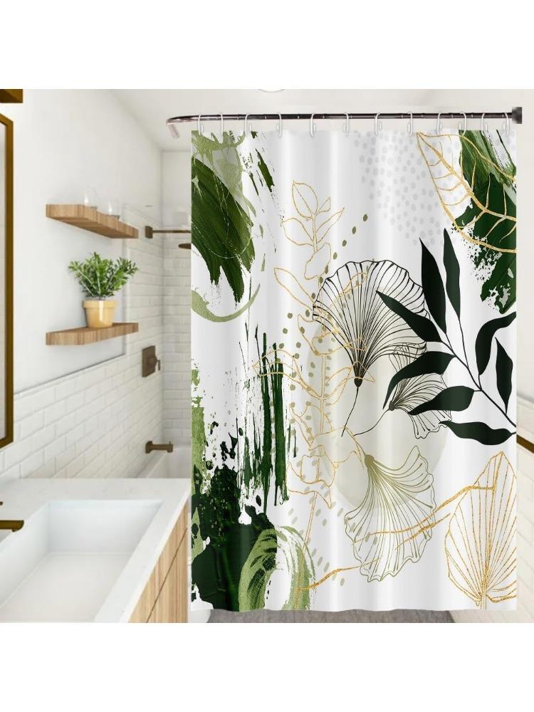 Ginkgo Leaves Shower Curtain Green Sage Leaf Gold Plant Watercolor Abstract Bath Curtain Waterproof Fabric Modern Aesthetic