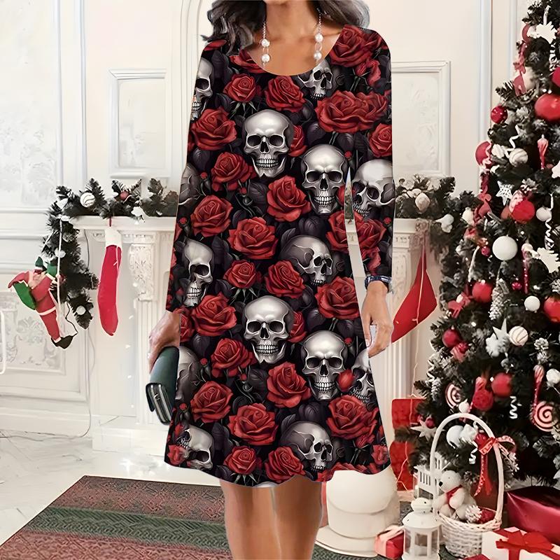 

2025 Осень и Зима Новое Повседневное Женское Платье с Круглым Вырезом 3D Хэллоуинский Узор Идеальный Подарок на Хэллоуин Рождество 8XL красный