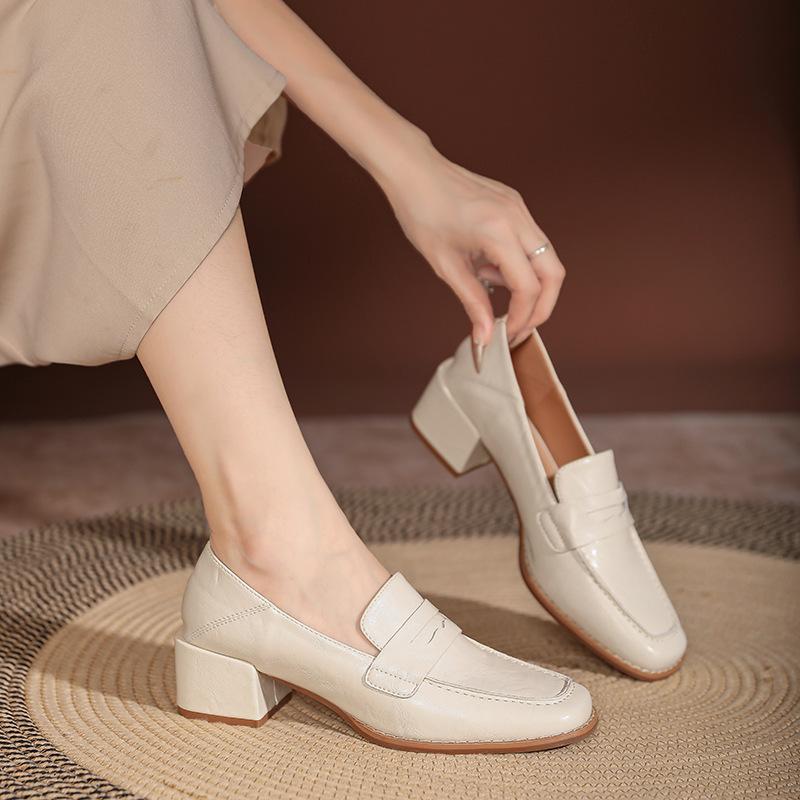 Retro Loafers Myke Skinn Hæler Toveissko Collegestil Små Skinnsko Slip-on Sko for Kvinner Tykke Hæler Høye Hæler