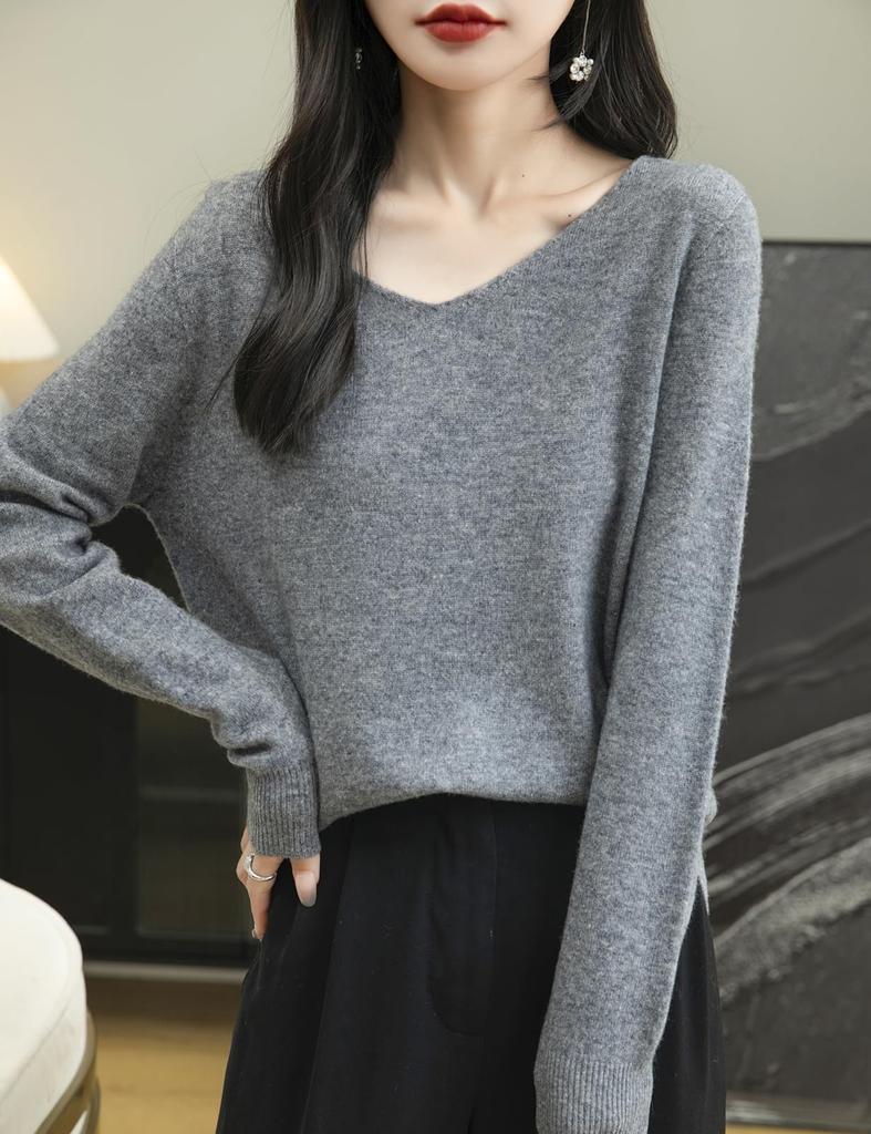 Yokbeer Merino Wool First Long Seamless Knitwear for 100% Women's V-Neck Sweater, Line, Ready-to-Wear, Warm, Sleeve, Cashmere-Like, Fall/Winter (Gray,