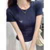 Hot girl's right shoulder short-sleeved T-shirt women's summer new style body-shaping pure desire American tight-fitting short tea art style top