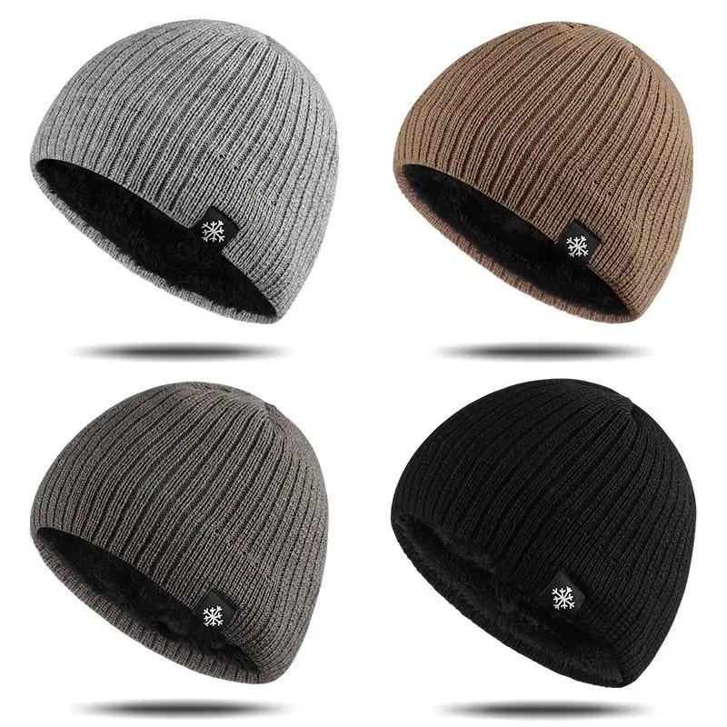Snowflake Striped Knitted Beanie Hat, Double Layer Fleece Lined Winter Hat, Thick Warm Brimless Cap for Men and Women
