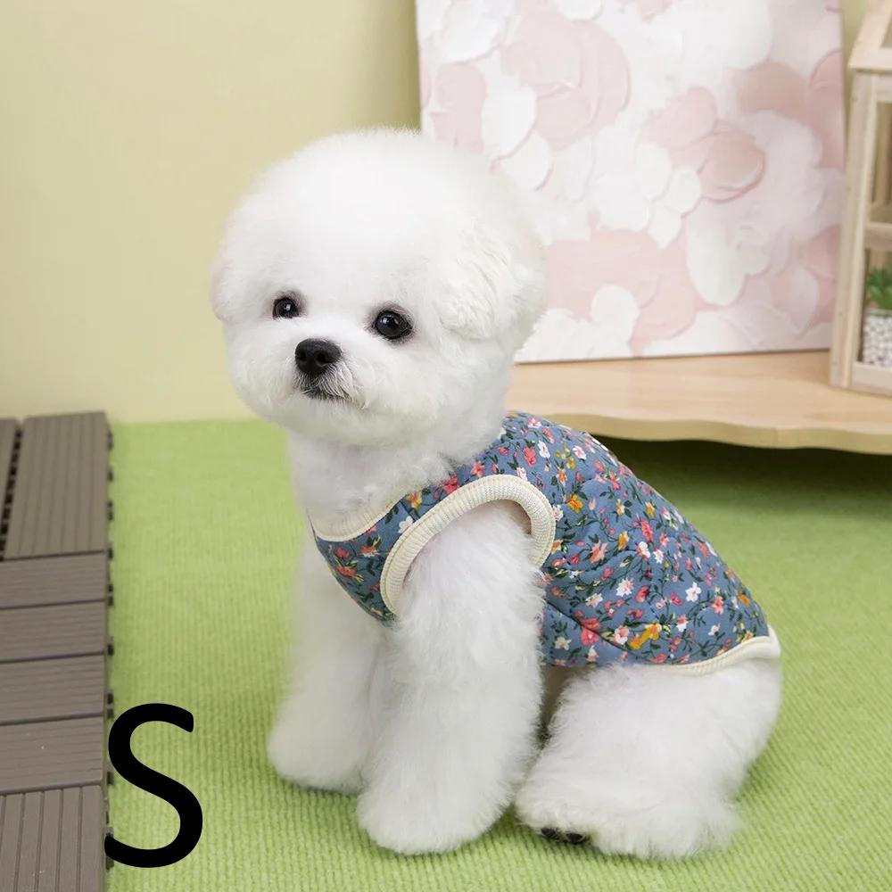 Winter FlowerPattern Pet Jacket Pet Dog Costume Navy Pink Sleeveless Vest Jacket Warm Comfortable Floral Cotton Vest Small Dog