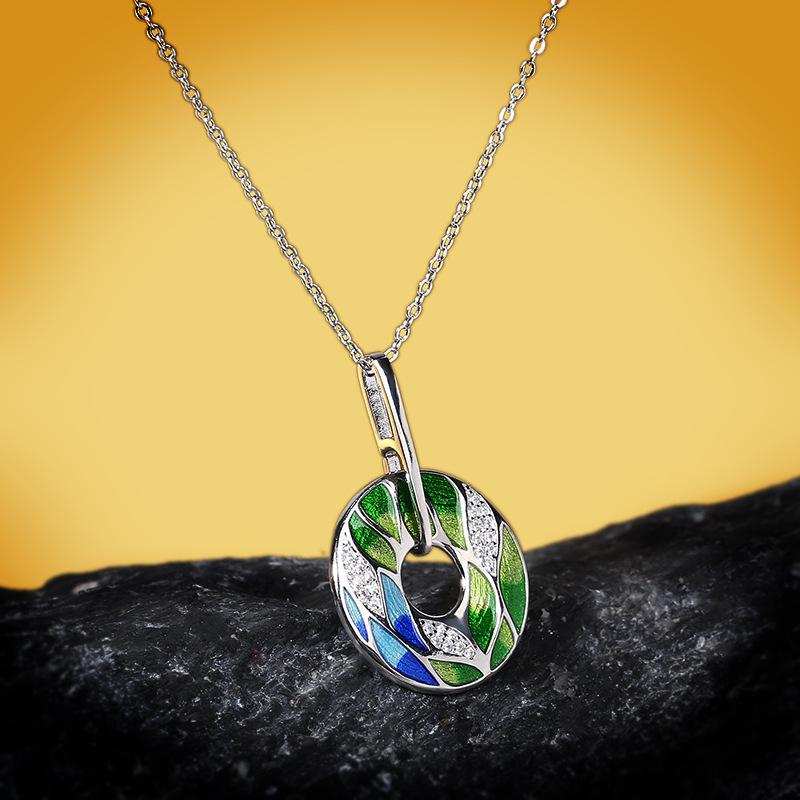 Newest For Women Genuine 925   Green Bamboo Leaves Luminous CZ Trendy Jewelry Handmade Enamel Jewelry