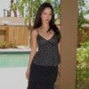 Women Polka Dot Lace Trim Camisole V Neck Spaghetti Strap Casual Solid Color Cropped Top