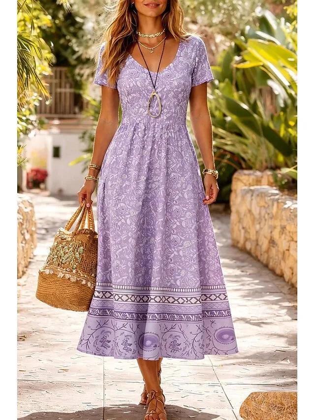 2026 Summer Mid-Waist Women's Casual Round Neck Printed Maxi Dress