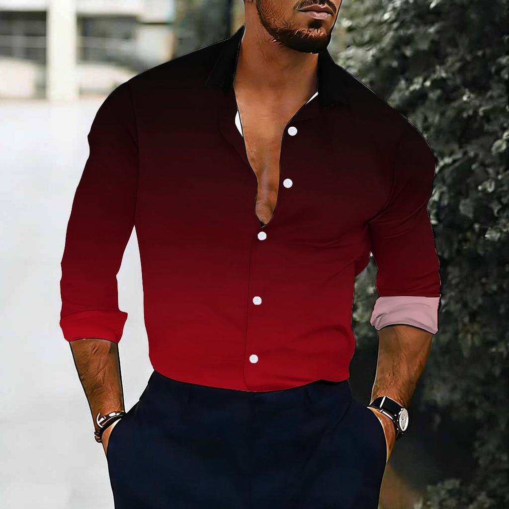 Men Collared Shirt Black White Gradient Solid Tone Long Sleeve Button Down Top