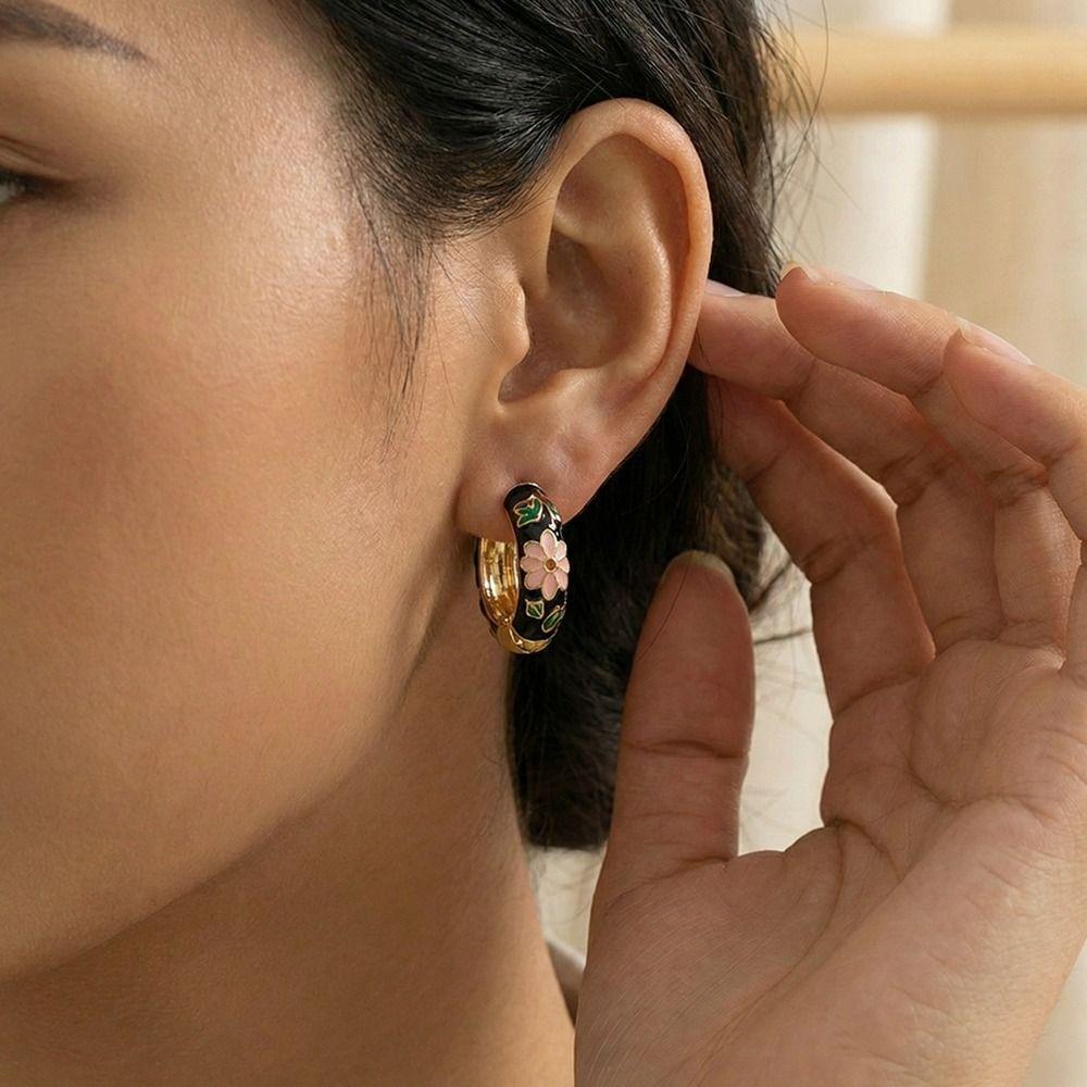 Classic Chinese Style Earrings Korean Hoop Ear Buckle Flower Enamel Earrings  Gifts for Women Girl