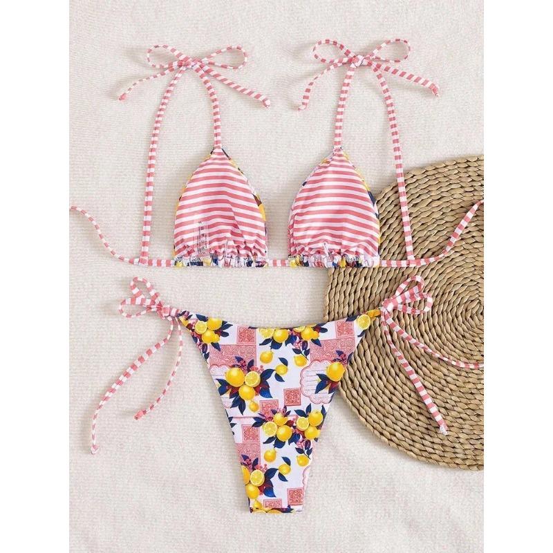 Sexy Fruits Print Striped Bikinis Sets Two Pieces Back Tie Thong Swimsuits Bathing Suit Swimwear Beach Outfits Biquini Tankini