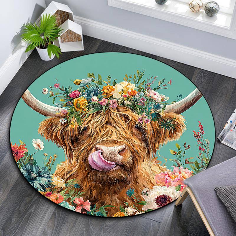 

Highland Cow Round Area Rug,Carpet Rug for Living Room Bedroom Sofa Playroom Decor,Non-slip Floor Mat 80cmx80cm