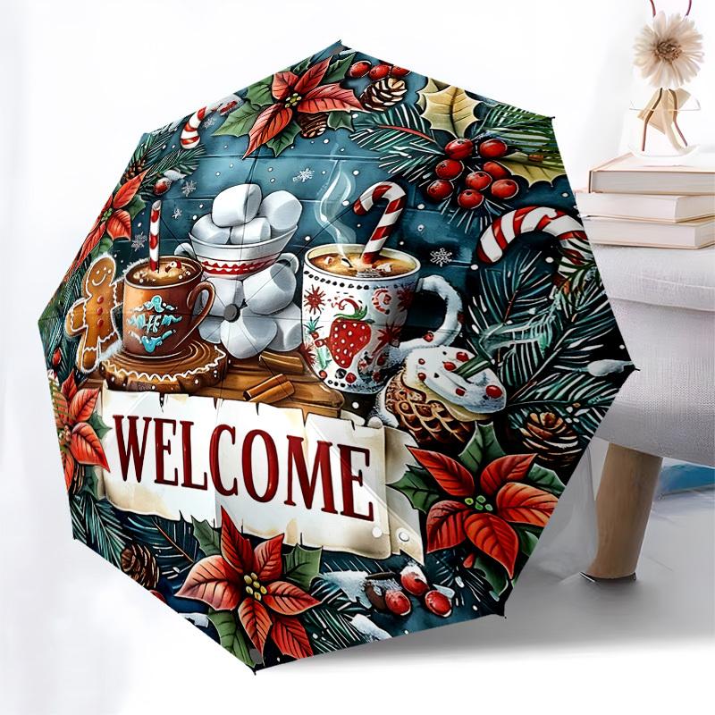 

1pc Christmas Welcome Sign with Hot Chocolate, Marshmallows and Snowflakes, Auto Open Close Umbrella, Portable Folding Design, 8-Bone Iron Frame, Outd