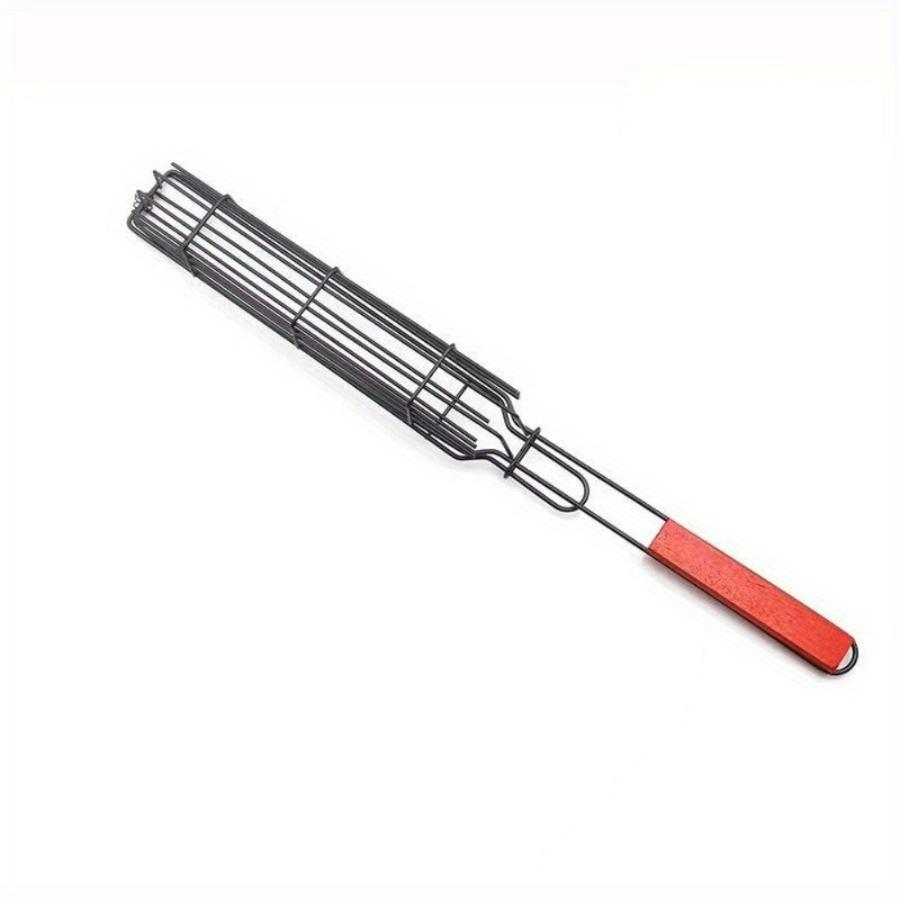 Wood Handle Stainless Steel Barbecue Grill Nonstick Hot Dog Sausage Grill Meat Clip BBQ Grilling Baske Outdoor Picnic Tool