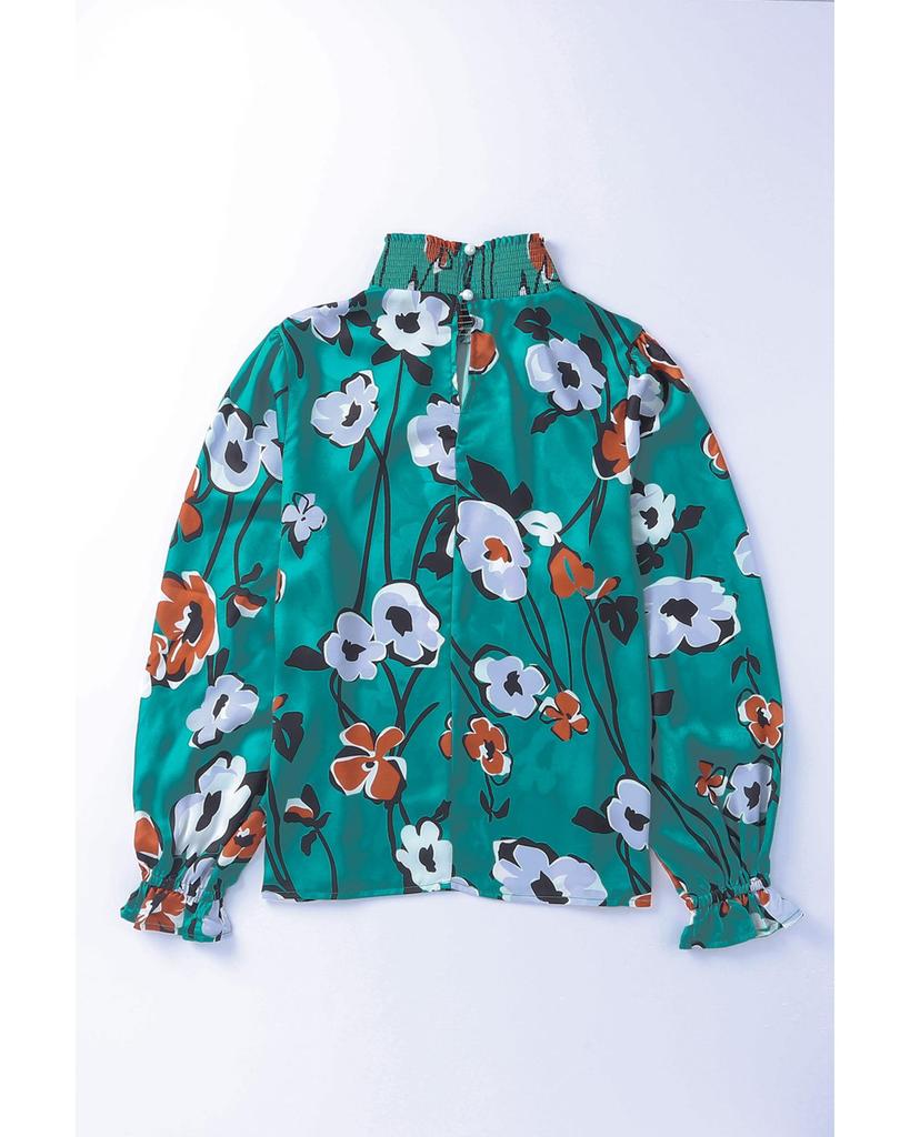 Azura Exchange Printed Smocked Mock Neck Blouse