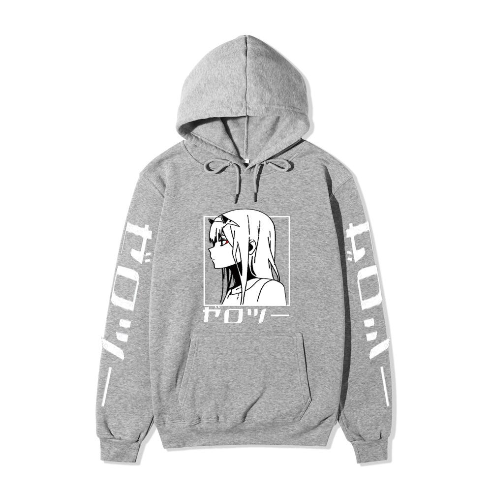 Zero Two Side Profile Anime Hoodie Japanese Letter Print Black Casual Long Sleeve Hooded Sweatshirt Pullover