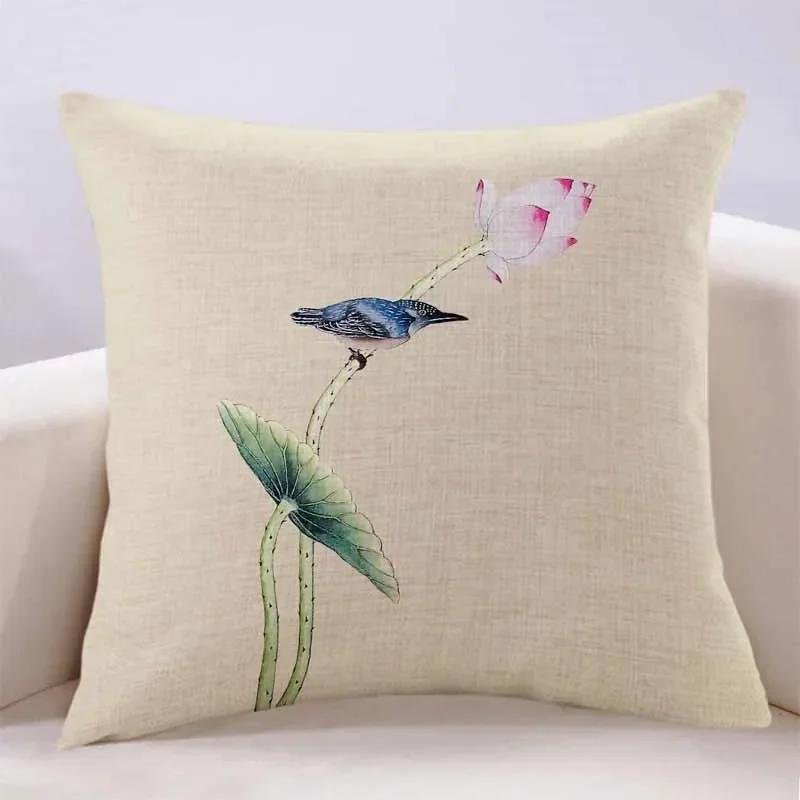 New Lotus Cushion Cover Printed Linen Pillow Cover Chinese Style Home Pillow Cushion Cover Sofa Living Room Beige