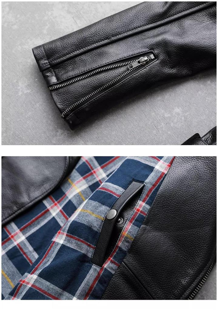 CHEJI Genuine Leather Cowhide Biker Motorcycle Denim Fashionable Jacket, Men's Coat, Jacket, Short, Jacket, Cold-Resistant, Windproof, Thick, Spring,