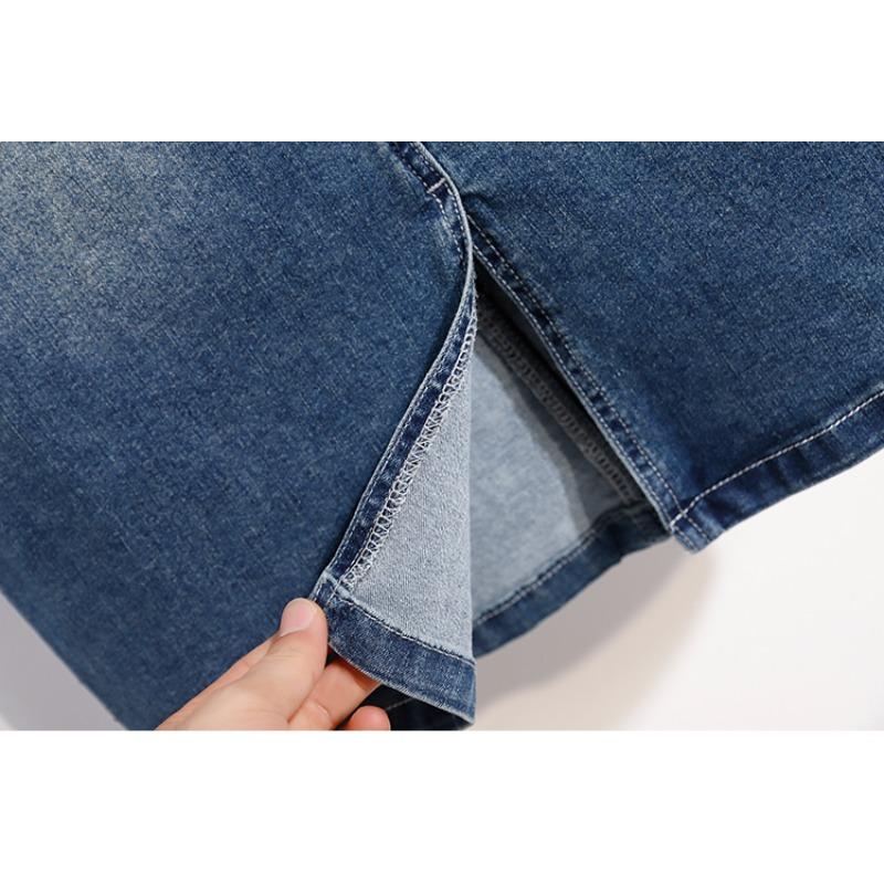 DIMANAF 2026 Summer Plus Size Women Skirts Elastic Waist Denim Solid Blue Oversize Lady Casual Cotton Long Skirts Beading