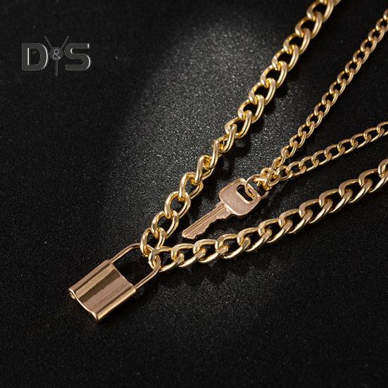 Women Necklace Smooth Two Layers Key And Lock Pendant Hollow Chain Retro Stainless Individual Clavical Necklace Neck Decoration Jewelry
