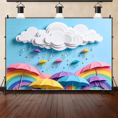 Fondo de banner con tema de gotas de lluvia y paraguas 3D, accesorios para sesión de fotos en estudio, póster de jardín de infantes, accesorios para fiesta de cumpleaños infantil