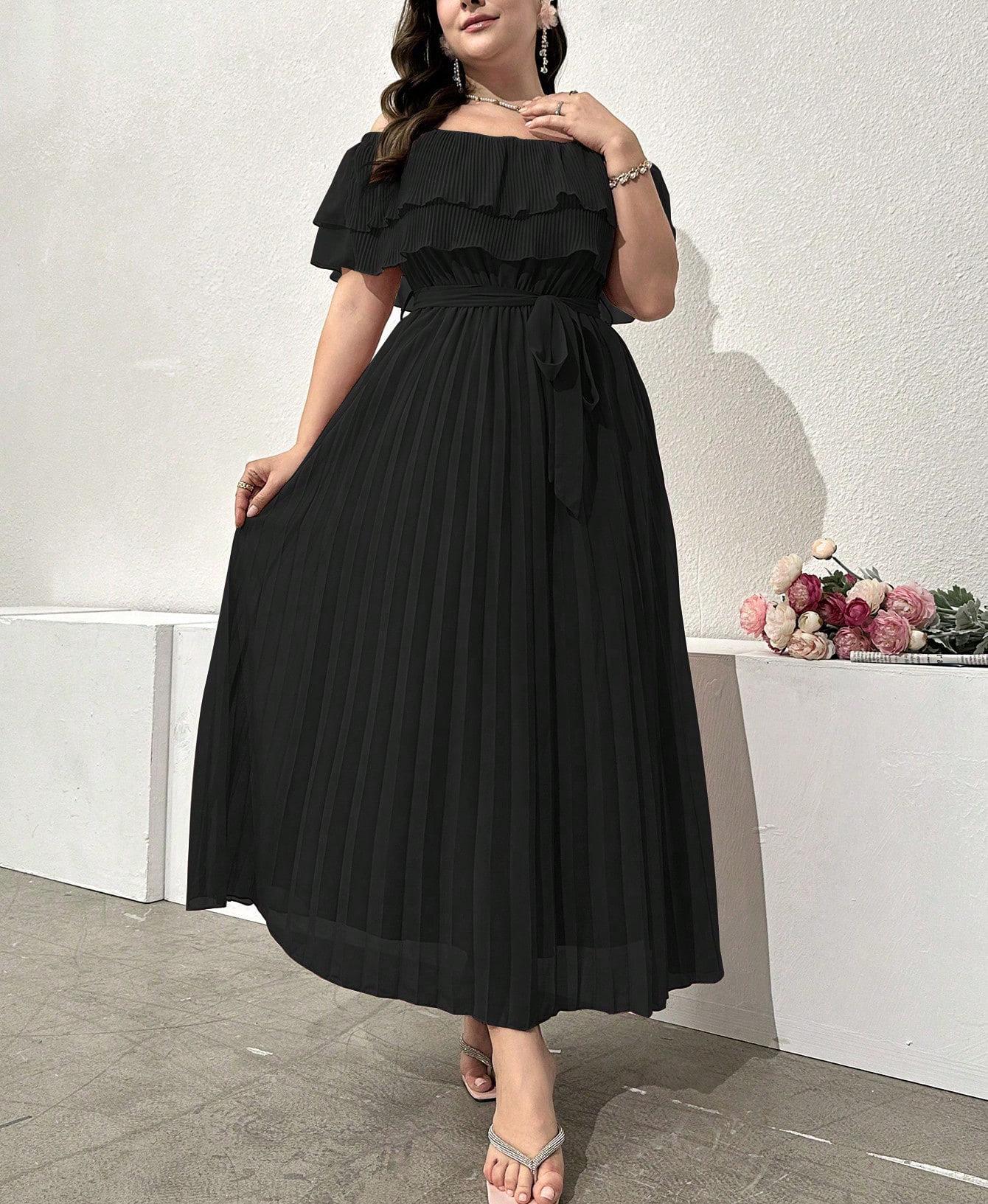 Plus Size Retro French Patchwork A-Line One-Shoulder Dress for Women - Short-Sleeve, Waist-Cinched Summer Style L