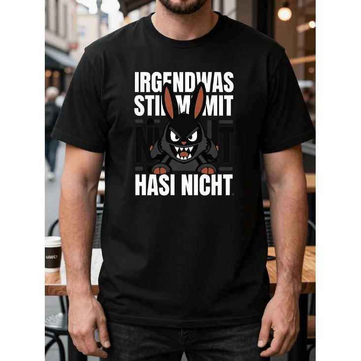 Humorous German Phrase There S Something Off with Bunny Sarcastic Rabbit Graphic Tee - Irgendwas Stimmt Mit Hasi Nicht! - Black Casual Short Sleeve S чёрный