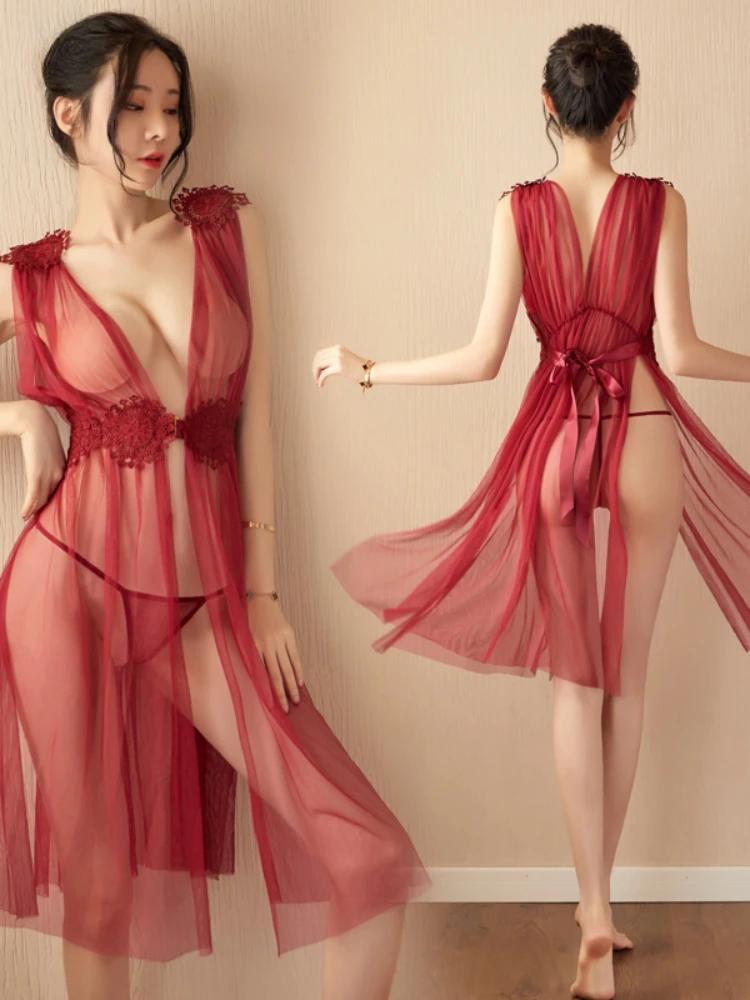 Transparent Erotic Open Pajamas Lace Onlyfans Tulle Dress Lingerie Women Crotchless Sleepwear Temptation Black Sexy Nightgown