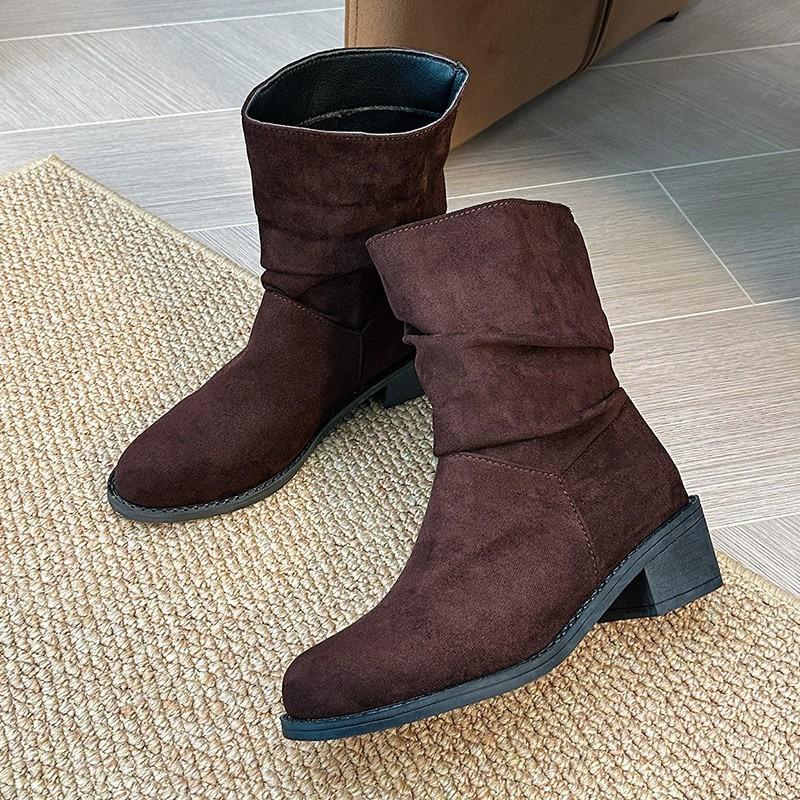 Fashion British Knight Boots Autumn Retro Suede Thick Heel Western Cowboy Boots Women's Versatile Mid-Calf Boots Designer Women Shoes