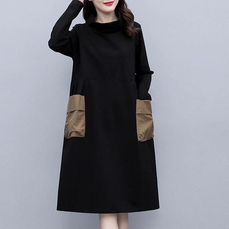 

Women s Patchwork Color Block A-Line Dress with Large Pockets - Spring/Autumn Knee-Length 2XL