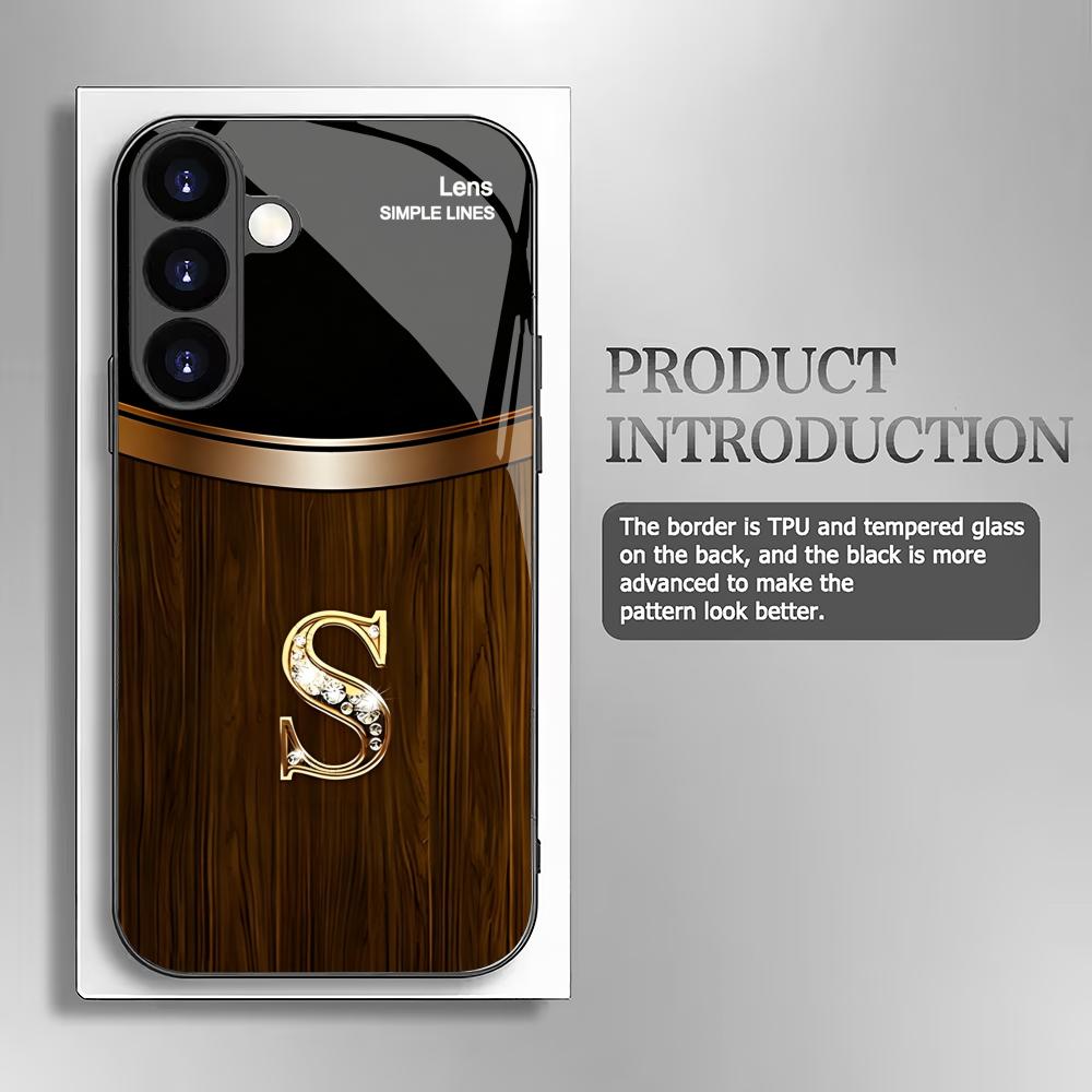 Wood grain letter S black glass phone case suitable for Samsung Galaxy S26 S25 S24 S23 S22 S21 S20 FE/Ultra/Plus anti drop