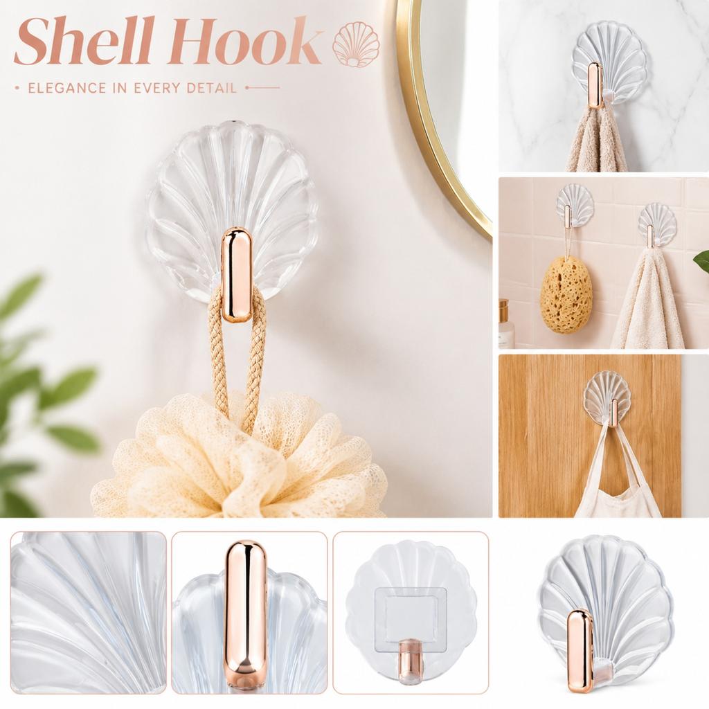 Seashell Shaped Wall Hook for Bathroom and Door Back Adhesive Mount Coat Towel Holder No Drilling Required