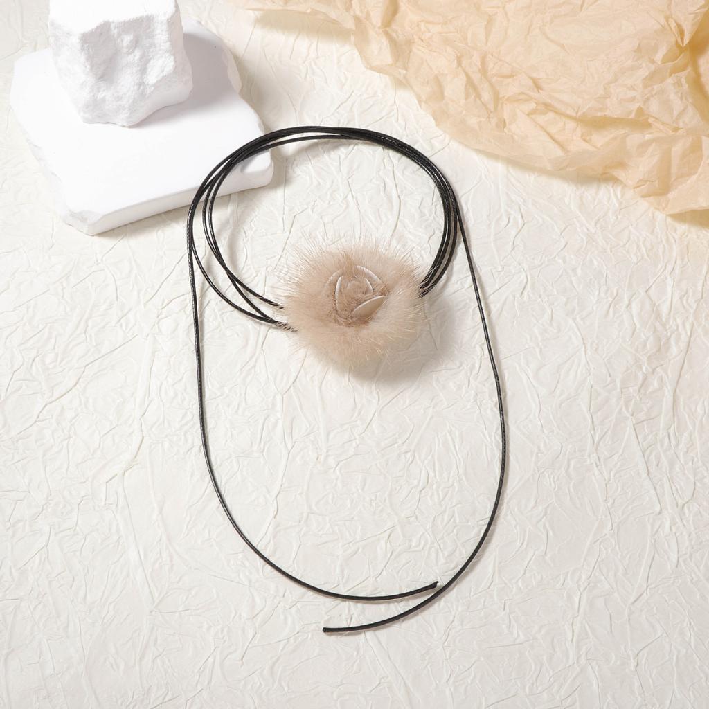 French light luxury high-end niche design sense flower plush pendant long leather rope women's necklace versatile fashion